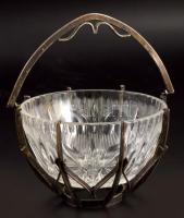 cca 1960 Hefra Posztmodern cukorkínáló. Lengyelország, üveg, fém, jelzett, d: 13 cm, m: 15 cm