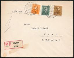 1934 Ajánlott levél 3 db bélyeggel Bécsbe "TÉGLÁS", hátoldalon levélzáróként használt görög bélyeggel
