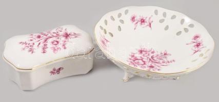 Hollóházi kínáló tál és bonbonniere. Kézzel festett, jelzett, hibátlan d: 20 cm 10x16 cm