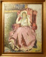 Márk Lajos (1867-1940): Dáma fotelben. Olaj, vászon, jelezve jobbra lent. Dekoratív fakeretben, 80×60 cm / Lajos Márk, also known as Louis Marc (1867-1940): Lady in an armchair. Oil on canvas, signed lower right, framed. 80×60 cm