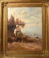 Eugen Le Potterin (?) jelzéssel: Tengerparti jelenet vitorlásokkal és hölggyel. Olaj, vászon. Dekoratív, kissé sérült fakeretben, 69×55 cm