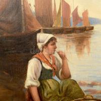 Eugen Le Potterin (?) jelzéssel: Tengerparti jelenet vitorlásokkal és hölggyel. Olaj, vászon. Dekora...