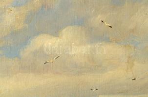 Eugen Le Potterin (?) jelzéssel: Tengerparti jelenet vitorlásokkal és hölggyel. Olaj, vászon. Dekora...