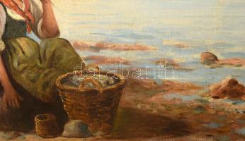 Eugen Le Potterin (?) jelzéssel: Tengerparti jelenet vitorlásokkal és hölggyel. Olaj, vászon. Dekora...