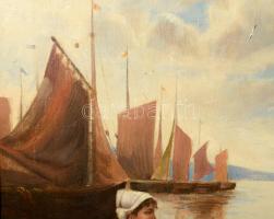 Eugen Le Potterin (?) jelzéssel: Tengerparti jelenet vitorlásokkal és hölggyel. Olaj, vászon. Dekora...