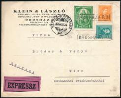 1935 Expressz levél Bécsbe 1,12P bérmentesítéssel, "GROSHÁZA" pályaudvari és "SZEGED-BÉKÉSCSABA" vasúti bélyegzéssel