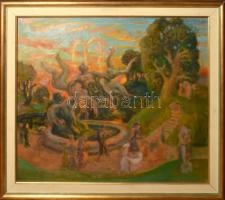 Szabó Vladimir (1905-1991): Alkony a parkban. Olaj, farost. Jelzett a hátoldalán. Dekoratív fakeretben, 60×70 cm