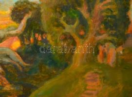 Szabó Vladimir (1905-1991): Alkony a parkban. Olaj, farost. Jelzett a hátoldalán. Dekoratív fakeretb...