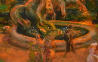 Szabó Vladimir (1905-1991): Alkony a parkban. Olaj, farost. Jelzett a hátoldalán. Dekoratív fakeretb...