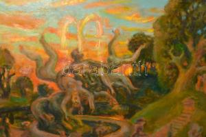 Szabó Vladimir (1905-1991): Alkony a parkban. Olaj, farost. Jelzett a hátoldalán. Dekoratív fakeretb...