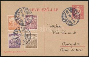 1921 Budapest helyi díjjegyes levelezőlap 4 bélyeges, 4 színű kiegészítéssel