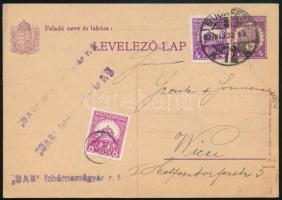 1927 4f díjjegyes levelezőlap 12f kiegészítéssel Bécsbe