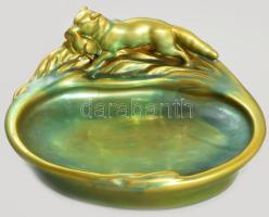 cca 1930 Zsolnay eozin mázas rókás névjegykártyatartó tál, jelzett (pajzs pecsét), kis restarálással. formaszám: 6810, 28×25 cm, m:15 cm /// c. 1930 Zsolnay eosin-glazed fox-themed business card holder dish, marked (shield), with minor restoration. Model number: 6810, 28 × 25 cm, height: 15 cm.