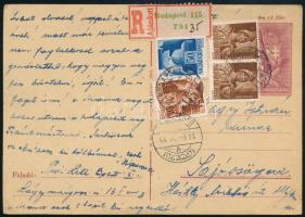 1944 Ajánlott levelezőlap 4 bélyeggel Budapestről Sajószögedre