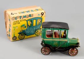 cca 1960/70 Oldtimers Lever Action Motor No.9 lemezjáték. Japán, fém, műanyag, eredeti, sérült dobozában, 14x10 cm /// c. 1960/70 Oldtimers Lever Action Motor No.9 tin toy. Japan, metal and plastic, in its original damaged box, 14x10 cm.