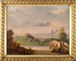 Jelzés nélkül, XIX. sz. osztrák festő: Romantikus táj horgásszal és sétálókkal. Olaj, vászon. Hátoldalán régi Szépművészeti Múzeum kiviteli bélyegzéssel. Javított. Dekoratív fakeretben, 37×47,5 cm