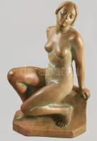 Gabay László (1897-1952): Art-deco térdelő női akt, mázas terrakotta, jelzett (Gabay), m: 40 cm / Art-deco nude, ceramics figure