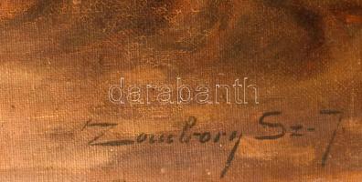 Zombory Sz. J. jelzéssel, 1920-40 körül: Virágzó park. Olaj, vászon. Hátoldalán vakrámán és vásznon ...