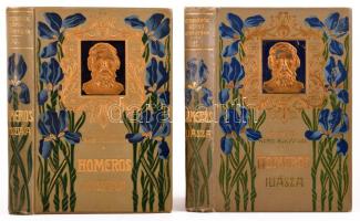 [Homérosz Iliásza és Ödüsszeiája, 2 kötet]: Homeros Iliasa. + Homeros Odysseiája. Az eredeti versmértékben ford.: Kemenes (Kempf) József. Remekírók Képes Könyvtára. Bp., 1902-1905, Lampel R., XVI+452 p.+ 12 t.; XVI+368 p.+ 16 t. Kiadói aranyozott, festett, szecessziós egészvászon-kötés, Leszik-kötés, nagyrészt jó állapotban.