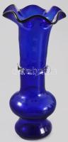 Királykék hutaüveg váza, üvegszál rárakással, hibátlan, m: 24,5 cm