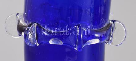 Királykék hutaüveg váza, üvegszál rárakással, hibátlan, m: 24,5 cm