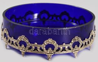 Királykék üveg kínáló, fém szerelékkel, hibátlan, d: 15 cm