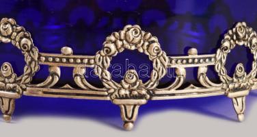 Királykék üveg kínáló, fém szerelékkel, hibátlan, d: 15 cm