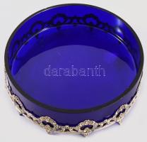 Királykék üveg kínáló, fém szerelékkel, hibátlan, d: 15 cm