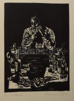 Mermeze Nóra (1938-): Gondolkodó. Linómetszet, papír, jelzett, 18×13,5 cm