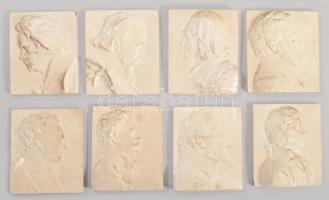 8 darab zeneszerzőket ábrázoló gipsz/fajansz plakett, kopással, 6,5x6 cm