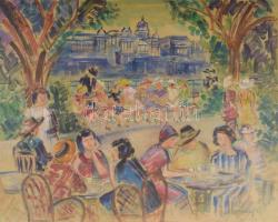 Vaszary J jelzéssel: Élet a Dunaparton. Olaj, papír. Kartonra kasírozva. 44x56 cm