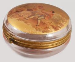 cca 19. sz. második fele, Kézzel festett zsánerjelenetes üveg bonbonier, kopással, d: 9,5 cm