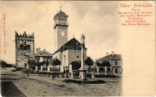 Poprád (Magas-Tátra, Vysoké Tatry); Harangtorony, katolikus iskola és templom, Mária szobor / Glockenturm, Kath. Volksschule u. Kirche, Mariensäule / bell tower, Catholic school and church, Virgin Mary statue. Stengel &amp; Co. (EM)