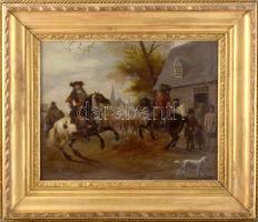 Jelzés nélkül, feltehetően XIX. sz. festő: Jelenet lovaskatonákkal. Olaj, vászon. Dekoratív fakeretben. 24,5x31 cm
