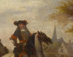 Jelzés nélkül, feltehetően XIX. sz. festő: Jelenet lovaskatonákkal. Olaj, vászon. Dekoratív fakeretb...