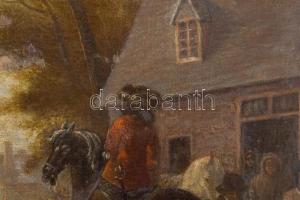 Jelzés nélkül, feltehetően XIX. sz. festő: Jelenet lovaskatonákkal. Olaj, vászon. Dekoratív fakeretb...