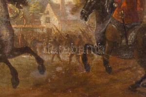 Jelzés nélkül, feltehetően XIX. sz. festő: Jelenet lovaskatonákkal. Olaj, vászon. Dekoratív fakeretb...