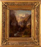 Brodszky Sándor (1819-1901): Hegyvidéki táj. Olaj, karton. Jelzés nélkül, hátoldalon hagyatéki bélyegzővel. Dekoratív, sérült fakeretben. 25x20 cm