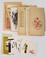 77 db-os papírrégiség csomag 1884- /1902-es levél, 1884-es Brahms hangverseny meghívó, Stühmer mikulás zacskó, TIT tagsági bélyegekkel, fotók, színészképek, 46-os naptár, postai levlapok, üdvözlőkártyák, szentképek, csoki és édességpapírok, lithók, címkék, tusrajz, lithó gyűjtőkártyák, ex librisek, iskolai takarékbélyeg gyűjtőlap, stb