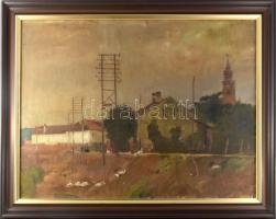 Szüle Péter (1886-1944): Szolnoki részlet, 1923. Olaj, vászon, jelzett. Javított. Dekoratív fakeretben, 60×80 cm.