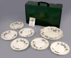 Zsolnay búzavirág mintás porcelán süteményes készlet. Kézzel festett, jelzett, hibátlan. Eredeti dobozában, bontatlanul.