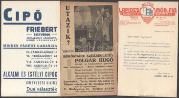 3 db reklámnyomtatvány (Lapides Mór és Fia Bútor, Friebert Cipő, Polgár Hugó bőröndáru)