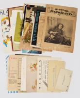 Papírrégiség csomag 1883- névjegyek, dalszövegek, kották, népkör tagsági, meghívó Issekutz aláírással, fotók, képeslapok, naptár, cégjelzéses számlák, rádióvevő engedély nyomtatvány, ex-libris, a Magyar Nők Gyermekeinek újságja, Jugoszláv turista térkép, Bertha Maguire dombornyomott lithó, stb.