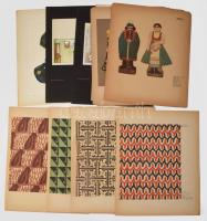 cca 1900-1930 A Díszítőművészet mellékletei: 4 béléspapír terv, varró-készlet ?Winkler Margit terv, leányszoba, ebédlő terv, Pataky Piroska batik-munka, Juhász Árpád alakos hímzés, Damkó József mézeskalács bábu minták, összesen 10 db