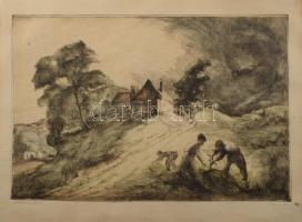 Istókovits Kálmán (1898 - 1990): Aratók. Színezett rézkarc, papír, jelzett, lapszéli ázásnyommal, 26,5×40 cm