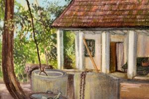 T. Visy Ilona (1920-2023): Délegyházi udvar, 1980-as évek. Pasztell, papír. Jelzett. Üvegezett faker...