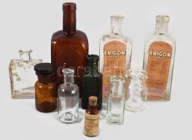 9 db vegyes gyógyszeres üvegcse, nagyrészt háború előttiek 20 cm-ig