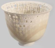 Herendi díszváza. Design: Tamás Ákos (1954-). Belül cseppkőszerűen csorgatott mintázattal, áttörésekkel, kívül pasztell csíkozással. Kézzel festett, jelzett, hibátlan, m: 14 cm, d: 17 cm