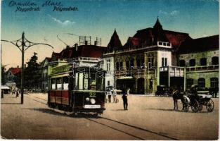 1922 Nagyvárad, Oradea; Pályaudvar, vasútállomás, villamos / railway station, tram (EK)