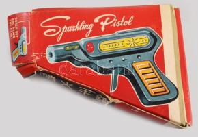 MF 601 Sparkling pisztoly lemezjáték, kovakő nélkül, eredeti sérült dobozában, 16x10 cm /// MF 601 Sparkling pistol tin toy, without flint, in its original damaged box, 16×10 cm